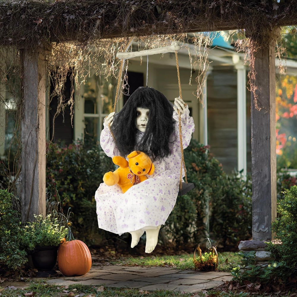 Hourleey Halloween Decorations Outdoor, Hanging Swinging Girl Doll Sound Acti...