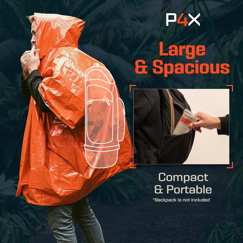 PREPARED4X Emergency Mylar Poncho – Survival Rain Poncho with Hood – Lightwei...
