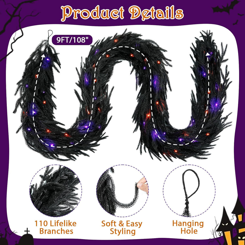 9FT Soft Touch Black Norfolk Pine Halloween Garland with Timer Lights
