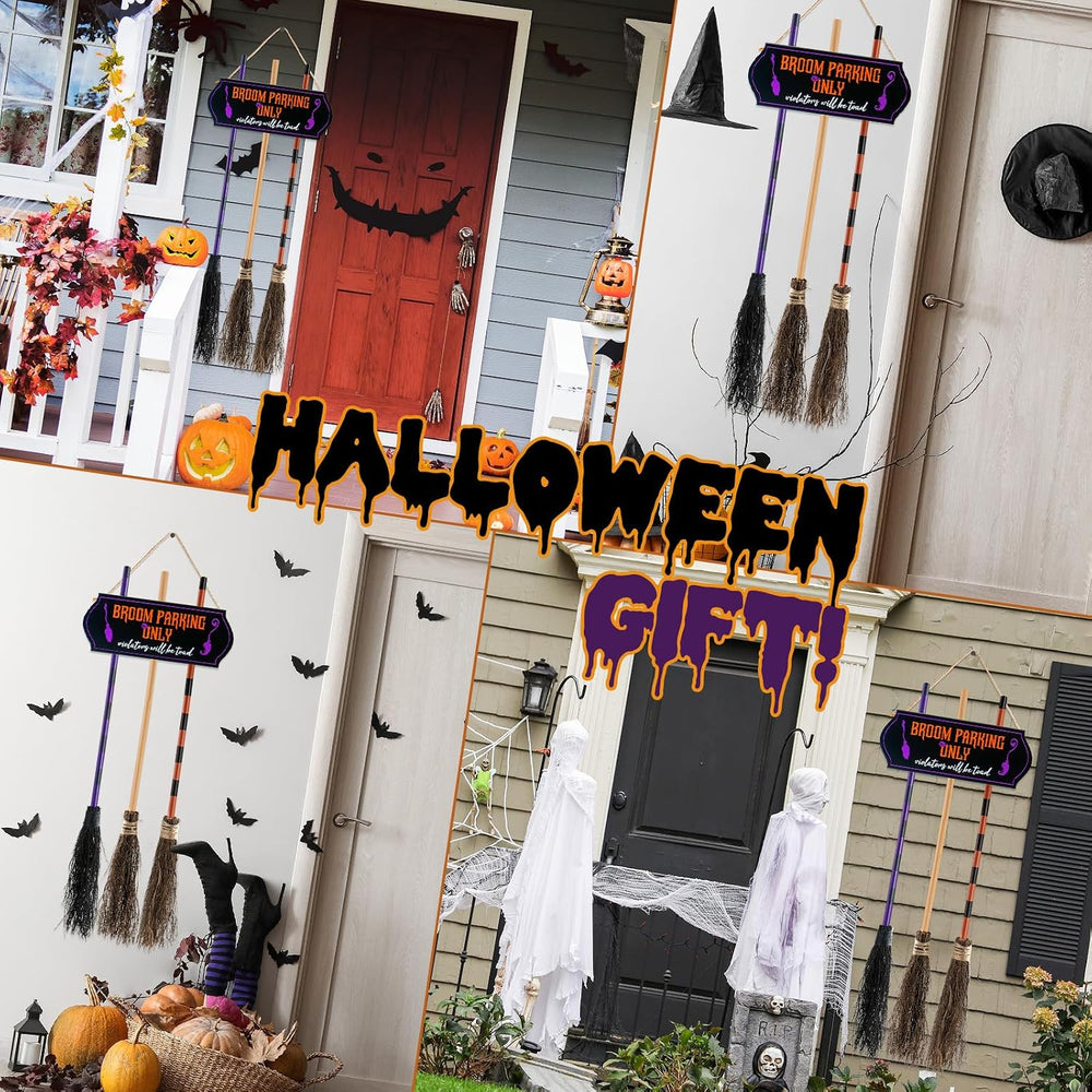 Halloween Broom Parking Sign with 3 Wooden Witch Brooms