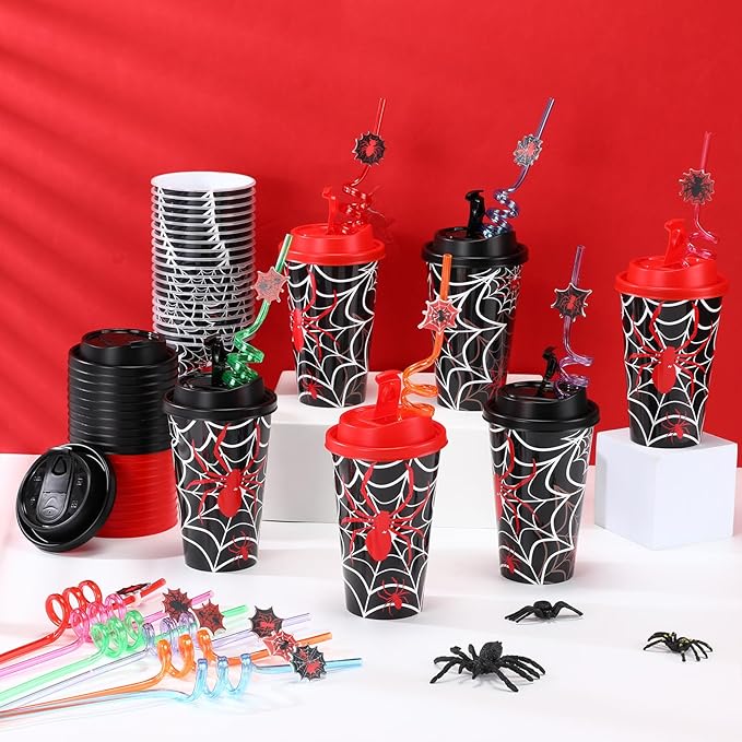 Yungyan 36 Sets Spider Party Favors Goodie Cups with Lids and Straws for Hall...