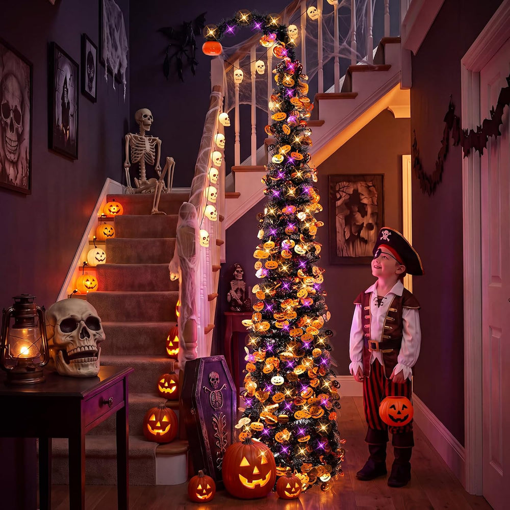 Curved Pumpkin Halloween Tree 5FT with Remote Timer Purple Orange Lights
