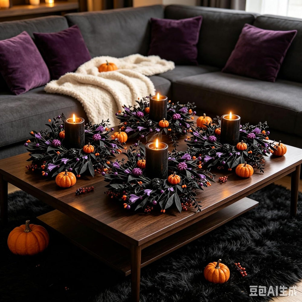 6 Pcs Halloween Mini Candle Ring Wreaths for Cabinets Small Pillar Candle Hol...