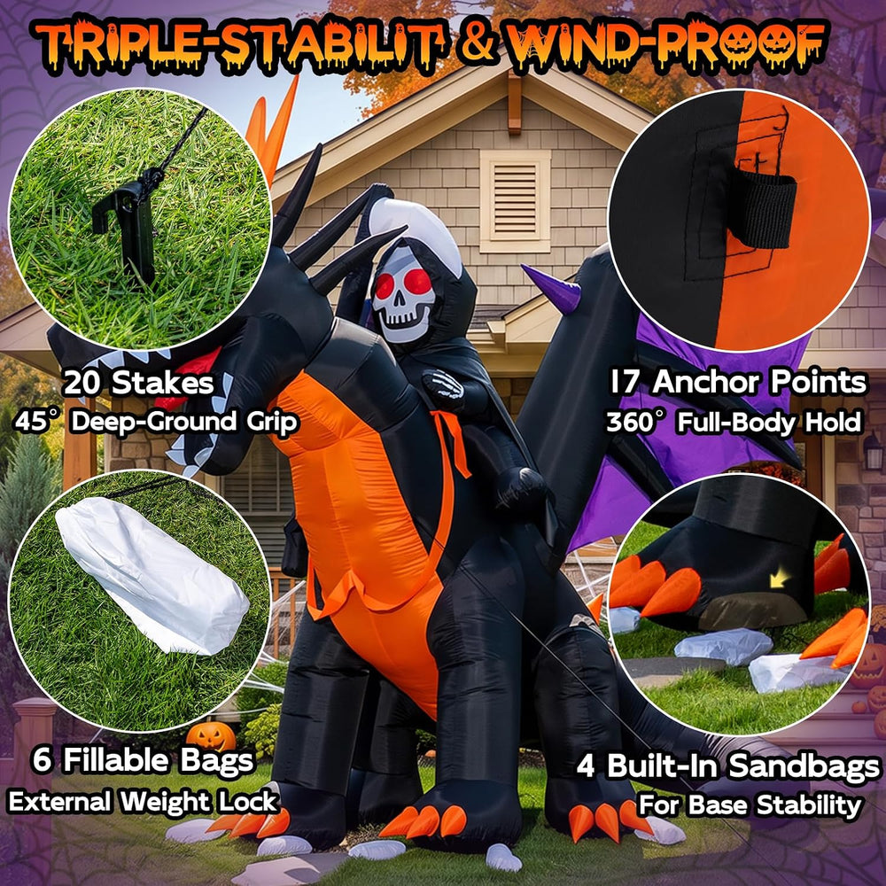 11.5FT Long Animated Dragon & Grim Reaper Halloween Inflatable, Moving Head