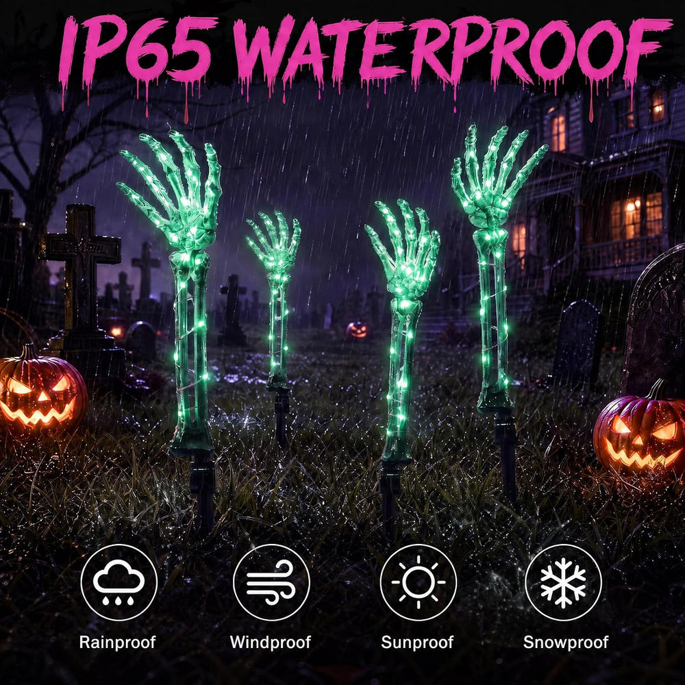 Halloween Skeleton Arm Stakes 4‑Pack, 160 Green LED Battery‑Powered Lights