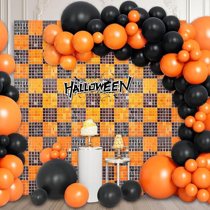 24PCS Black Orange Shimmer Wall Backdrop, Halloween Square Sequin Photo Backd...