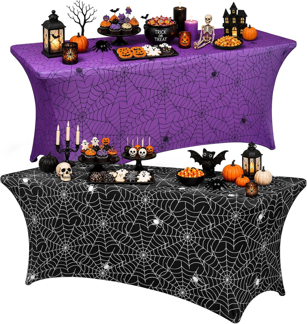 Lawnldyll 2Pcs Halloween Tablecloth 6 FT Spiderweb Spandex Table Cover
