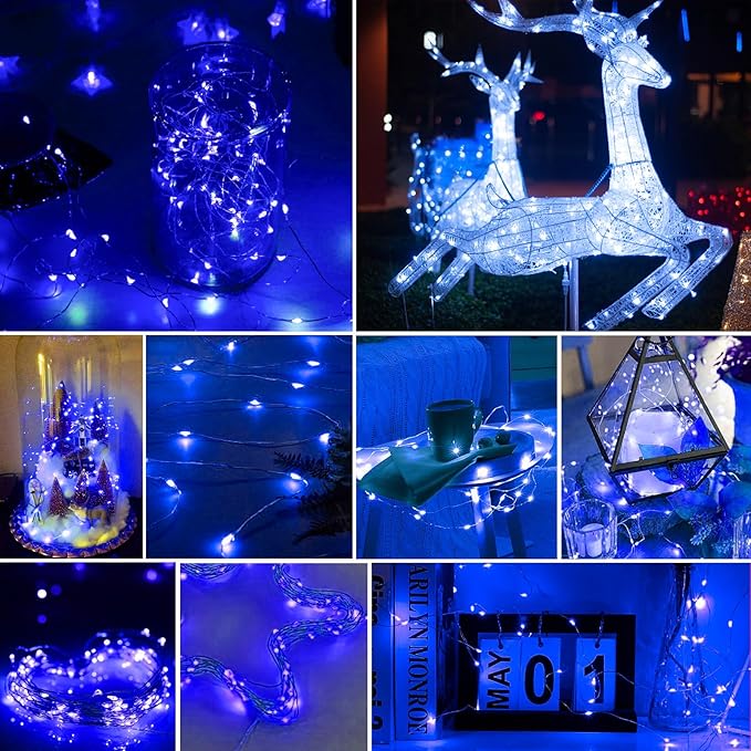 pozzolanas 100 Pack Blue Battery Operated String Lights - 7ft Waterproof Fire...