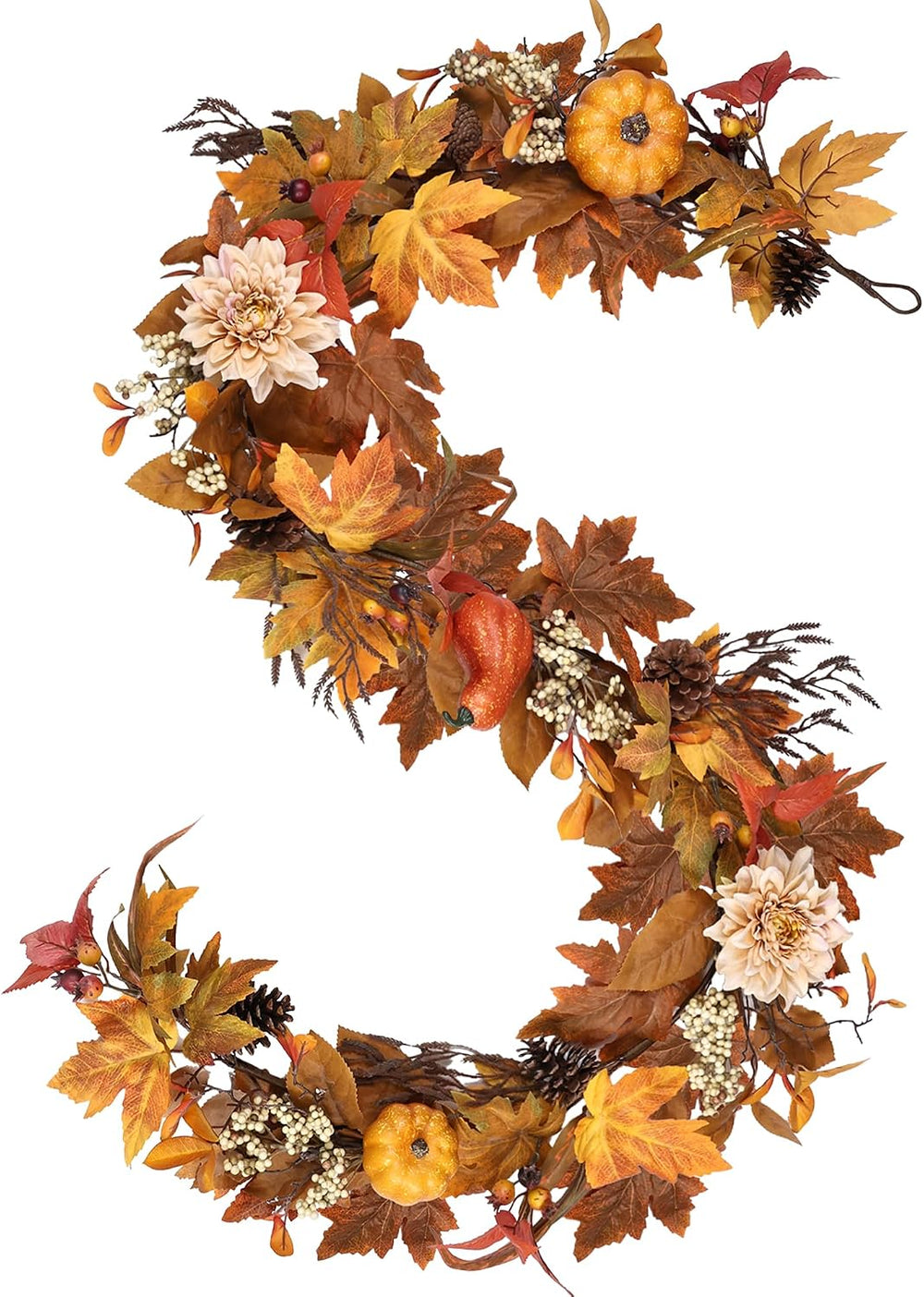 Fall Garland 6Ft Lifelike Autumn Maples Leaf Pumpkin Garland with Berries Pin...