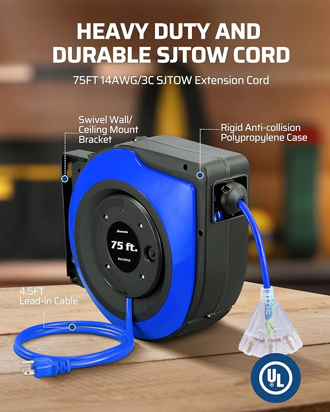 DEWENWILS Retractable Extension Cord Reel, 75 FT Heavy Duty Power Cord