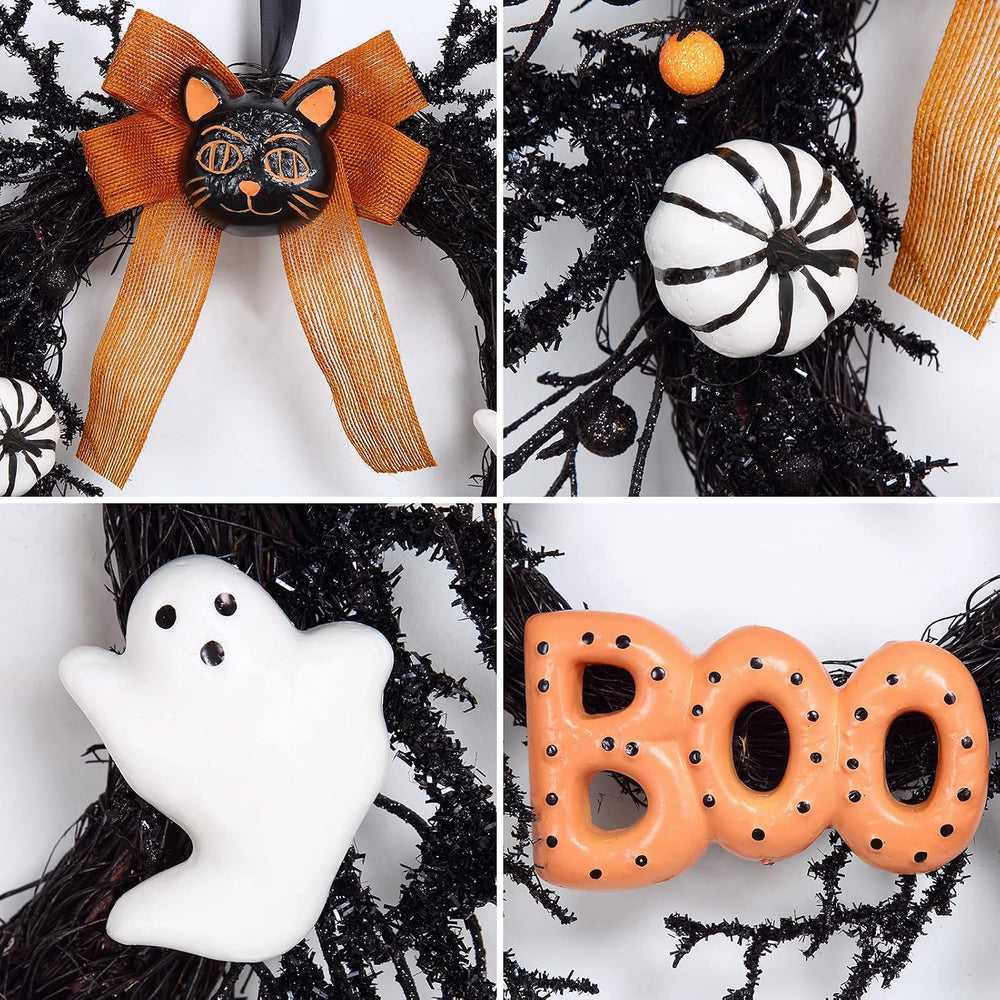 Halloween Wreaths for Front Door, 18Inch Halloween Wreath with Black Cat Boo ...