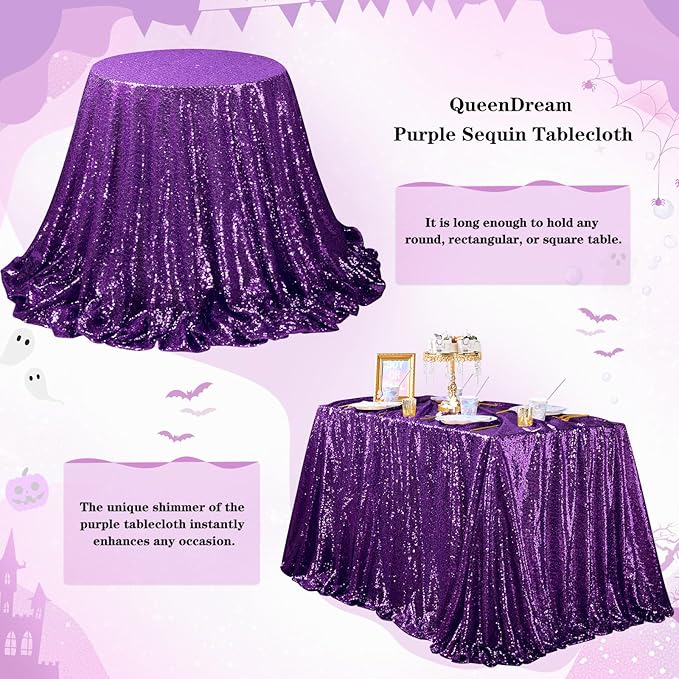QueenDream Purple Tablecloth Sequin Fabric Table Cloths 90x90 Inch Halloween ...