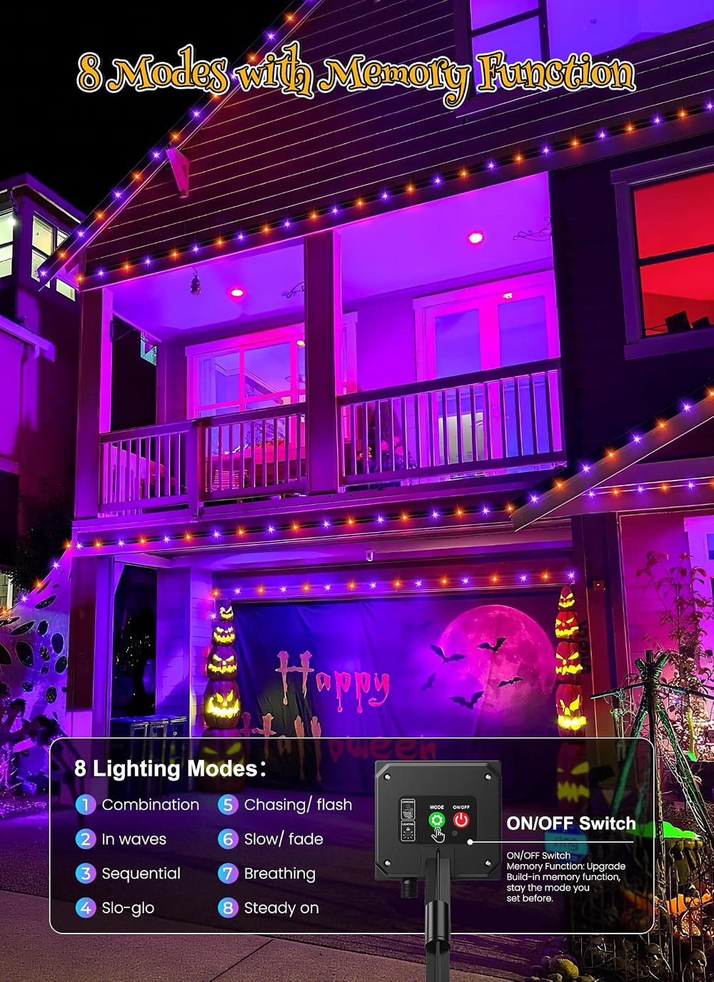 Brightown 4 Pack Solar Halloween Lights, 184FT 480 LED, Orange and Purple