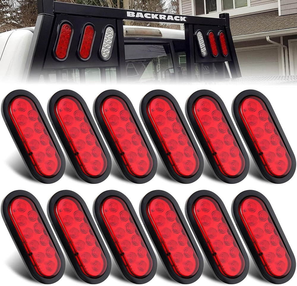 12Pcs 6" Inch Oval LED Trailer Tail Lights Stop Turn Tail Lights Red 10LED