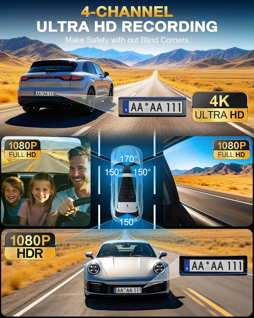 4 Channel 360° Dash Cam, 4K Front + 1080P Rear/Left/Right, 5GHz WiFi 30MB/s