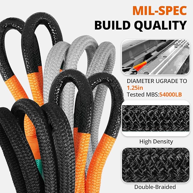 Kinetic Recovery Tow Rope: 1.25" x 30ft 54000LBS Snatch Strap Heavy Duty