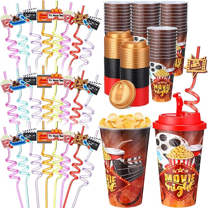Yungyan 24 Sets Movie Night Party Favors Goodie Cups with Lids and Straws for...