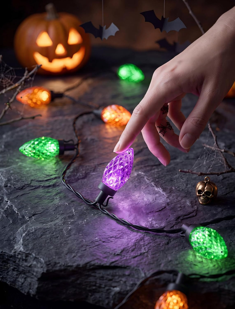 26FT C9 Halloween String Lights, 50 LED Orange Green Purple Diamond Lights