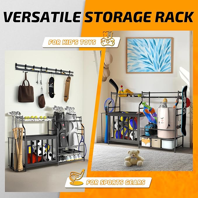 PLKOW Sports Equipment Organizer Rack, Garage Ball Rack, 2 Golf Bag Storage and