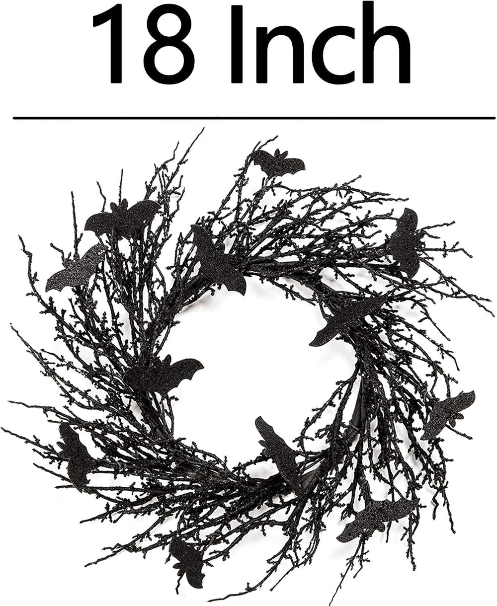 18 Inch Black Bat Wreath with Glitter Bats - Halloween Decorations