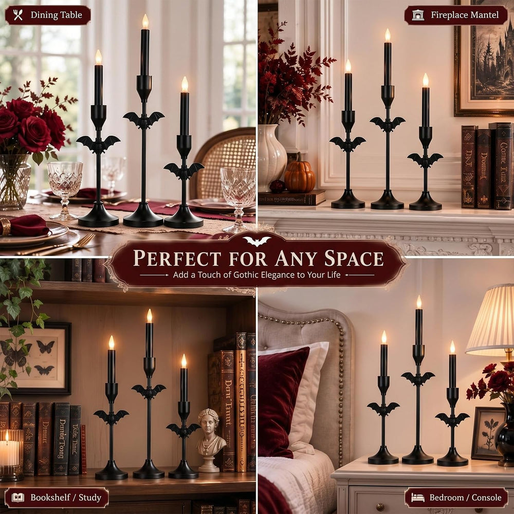 Ceenna 6 Pcs Halloween Bat Candle Holders, 3 Size Black Taper Candle Holder