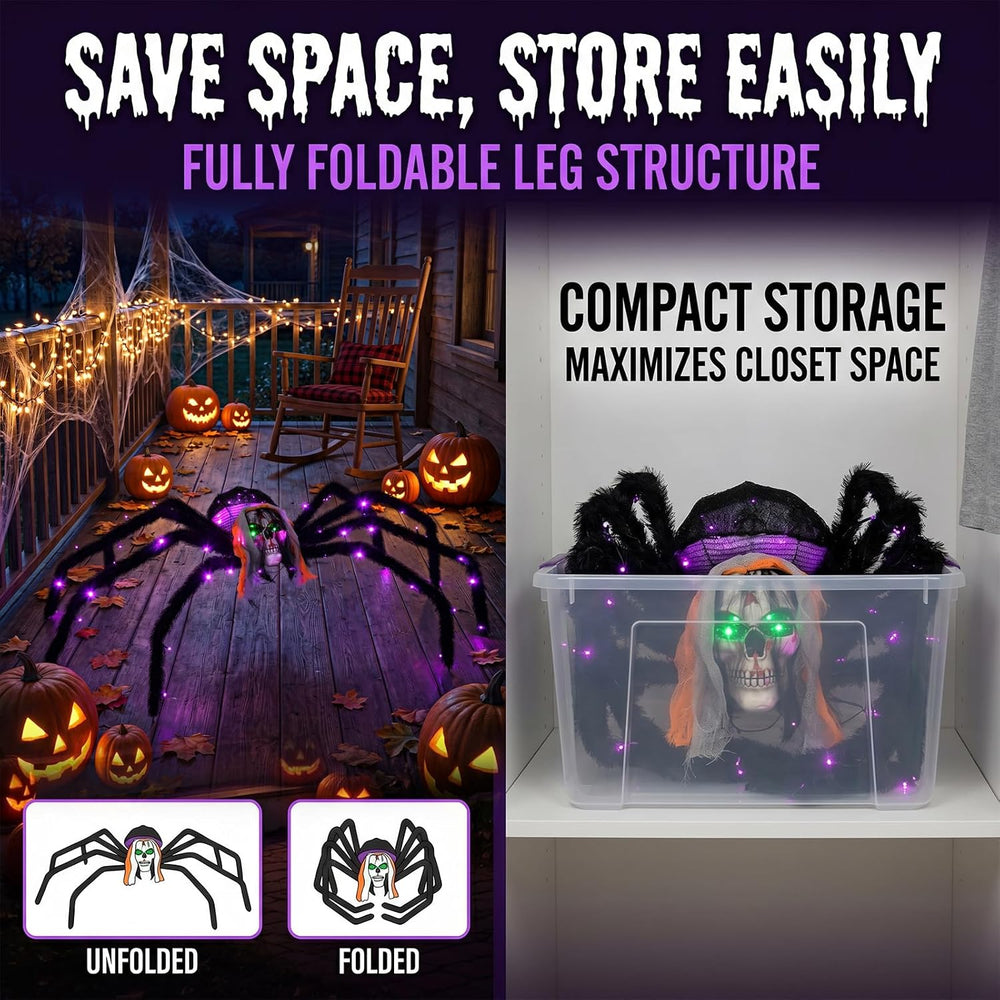52" Halloween Giant Skull Face Spider, Lighted Outdoor Decoration with F...