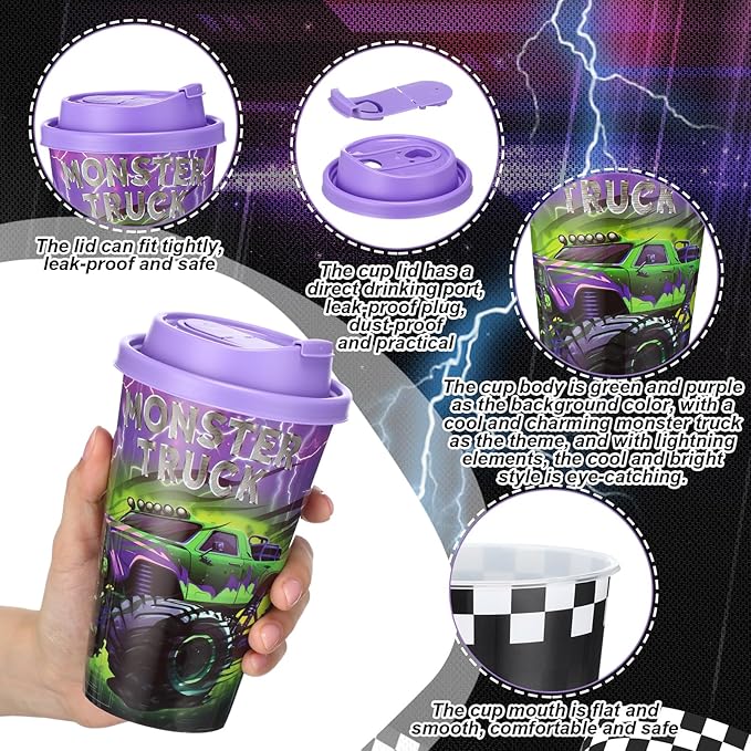 Yungyan 36 Sets Green Purple Monster Truck Party Favors Goodie Cups with Lids...