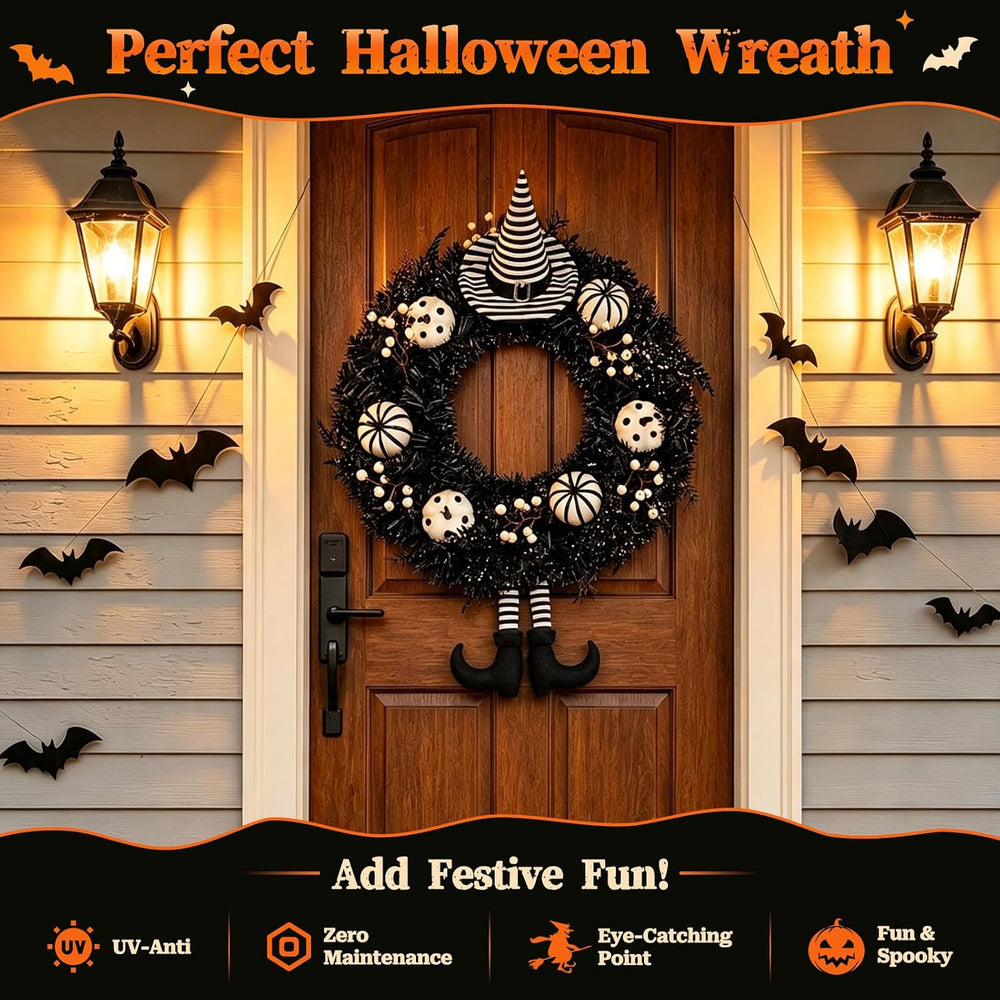 Yangrass 24" Spooky Halloween Wreath for Front Door with Witch Hat &...
