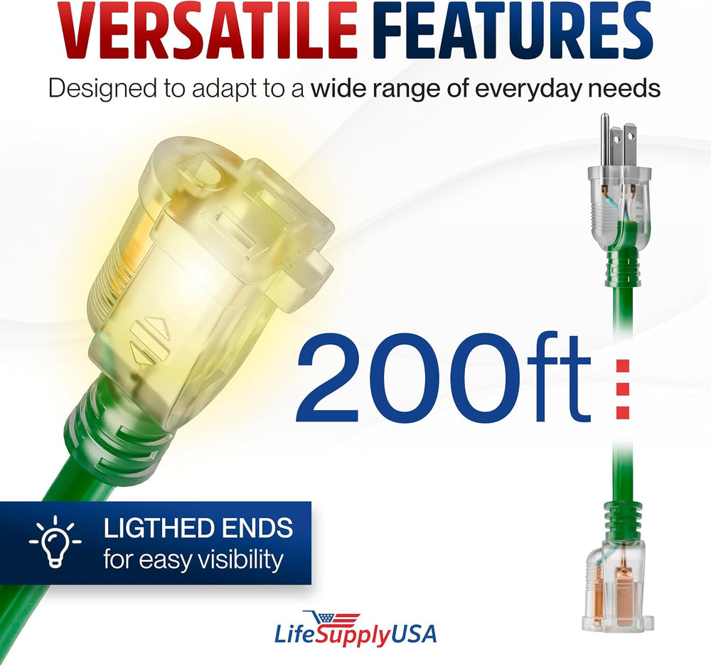 200ft Outdoor/Indoor Extension Cord 14/3 Gauge Heavy Duty 3 Prong SJTW, Water...