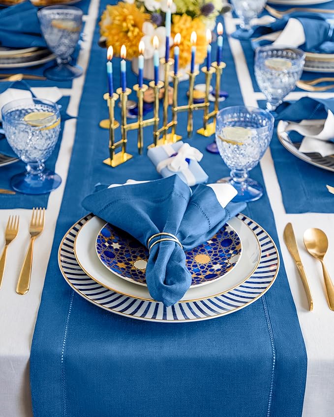 Solino Home Linen Indigo Blue Hemstitch Table Runner 60 Inches - 100% Pure Li...