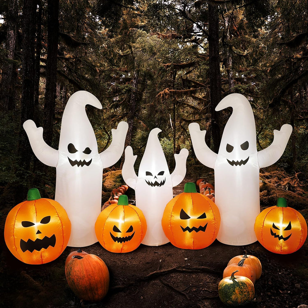 SAND MINE 8 FT Long Lighted Halloween Inflatable Ghosts with Pumpkins, Hallow...