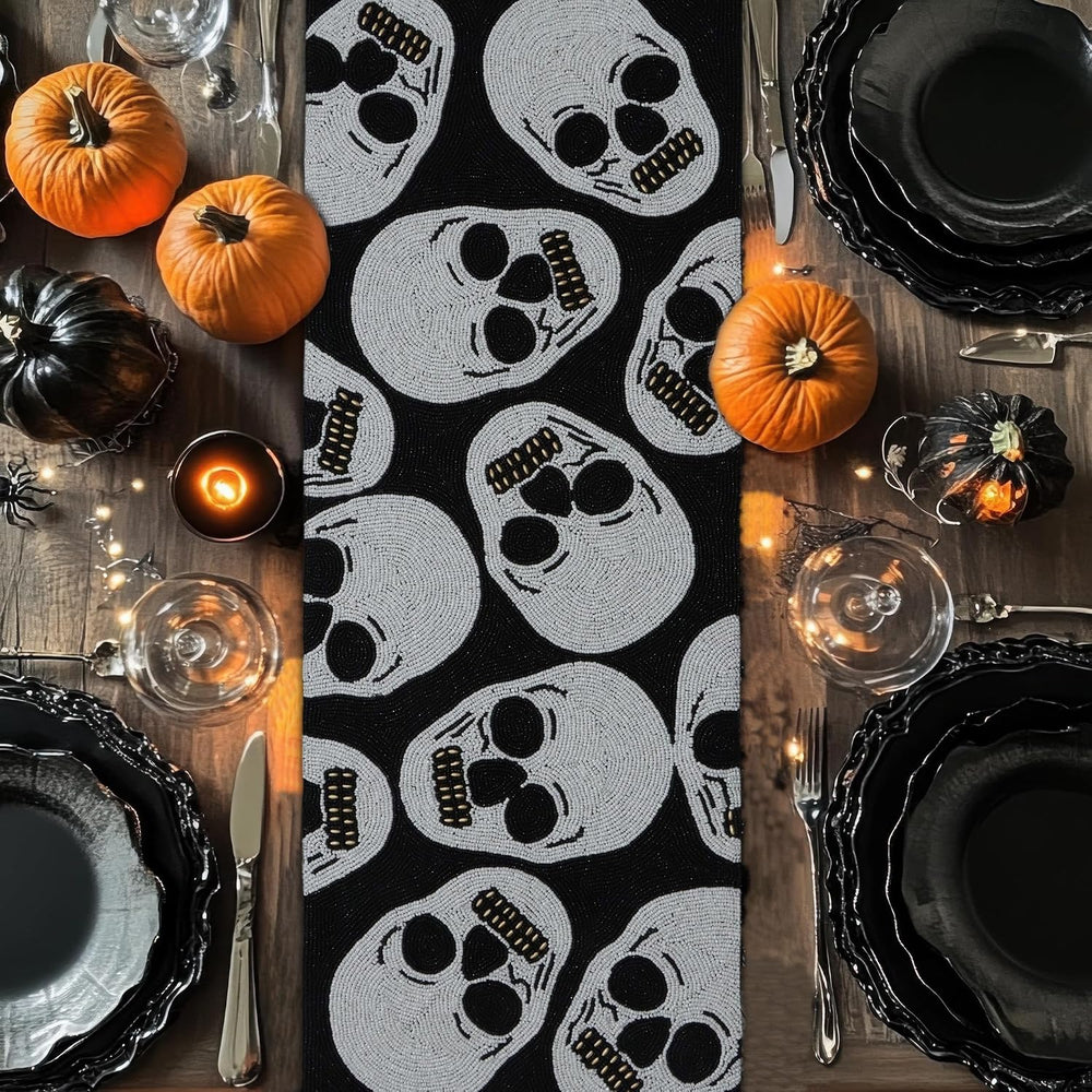 COTTON CRAFT Halloween Beaded Table Runner - Black White Skulls 13x36 inch