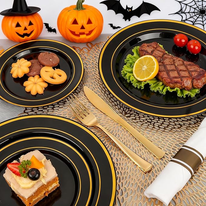 175PCS Black and Gold Plates - Black Disposable Plates for Party - 25Guests D...