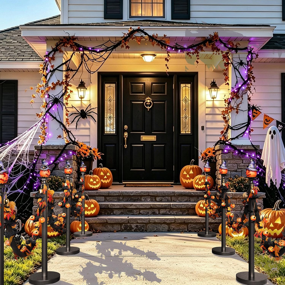 6 Pack Halloween Hat Pumpkin Head Black Stanchions and Velvet Ropes Set, Stai...