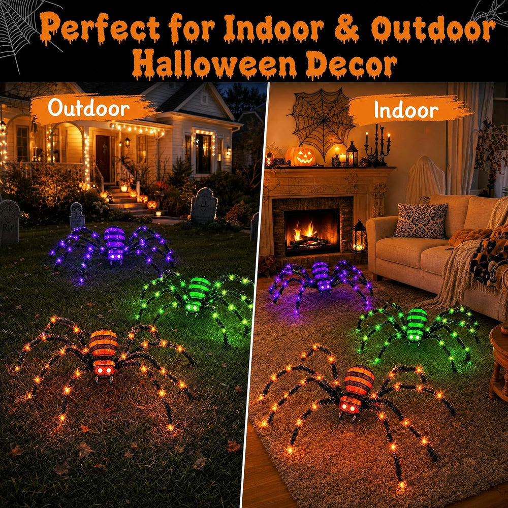 3 Pack Halloween Giant Spiders,4.1Ft Lighted Spider with 8 Lighting Modes