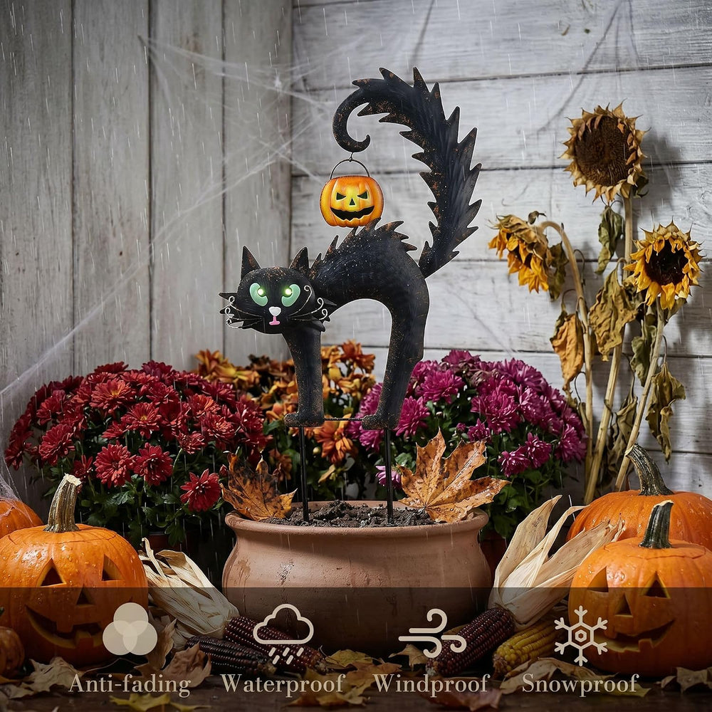 TERESA'S COLLECTIONS Outdoor Halloween Decor Black Cat Solar Garden Stake