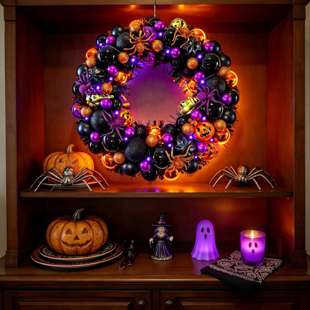 HipTree 17 Inch Halloween Ball Wreath for Front Door with Lights
