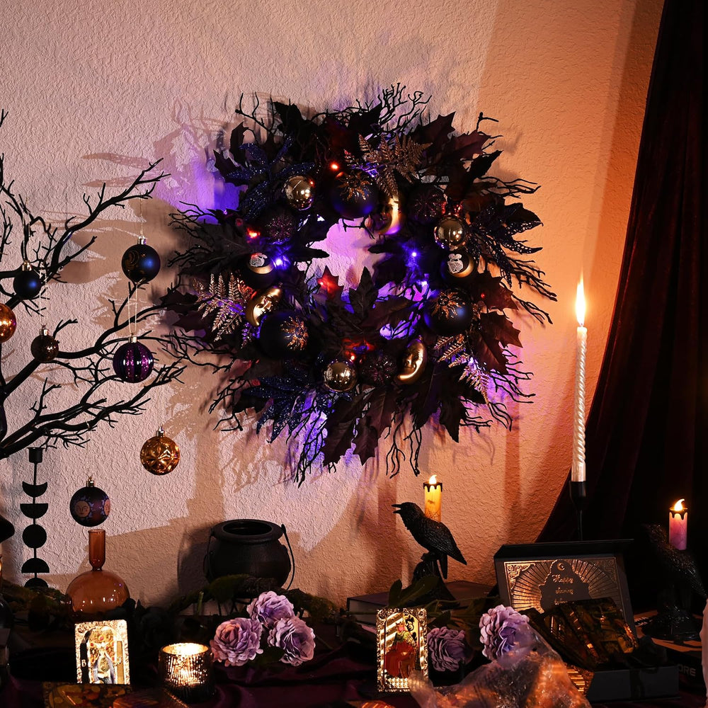 DecorbyHannah 24'' Pumpkins Halloween Wreath with Lights for Front Door