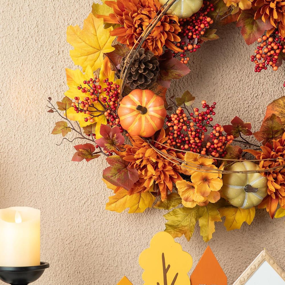 Glitzhome 24 inch Artificial Fall Wreath Decor, Autumn Maple Leaf Wreath for ...
