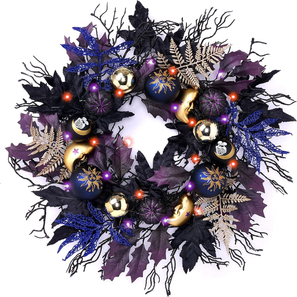 DecorbyHannah 24'' Pumpkins Halloween Wreath with Lights for Front Door