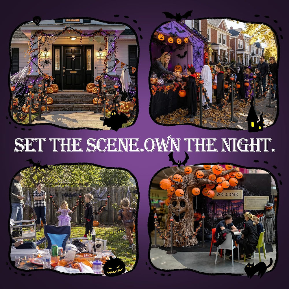 6 Pack Halloween Hat Pumpkin Head Black Stanchions and Velvet Ropes Set, Stai...