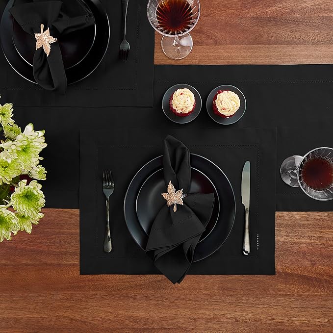 Black Table Runner 90 Inch–Cotton Linen Hemstitch Farmhouse Table Runner 14x9...