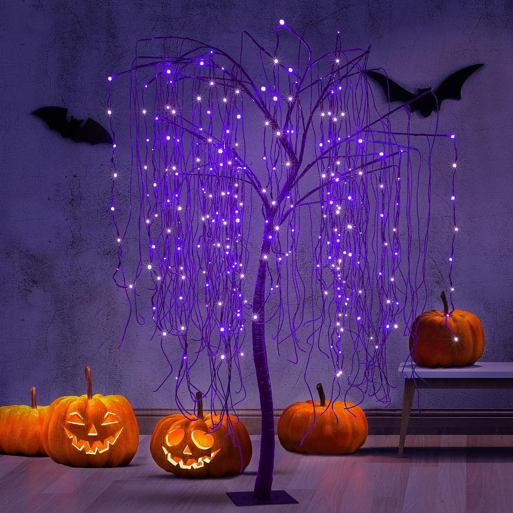 7 FT Halloween Lighted Willow Tree 256 LED Purple Lights Artificial Weeping W...