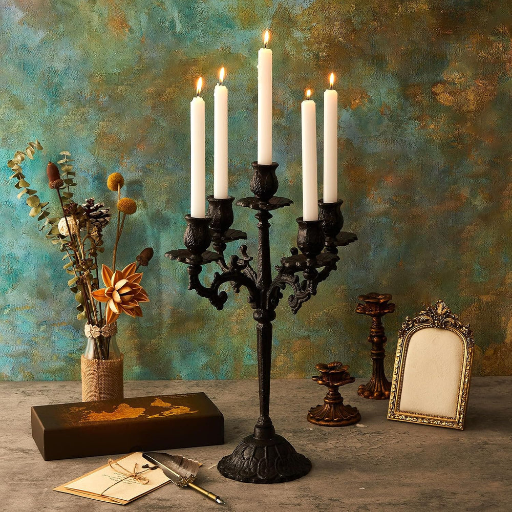 Mumufy 2 Pcs 5 Arm Black Halloween Candelabra 16.7" Tall Cast Iron Vintage