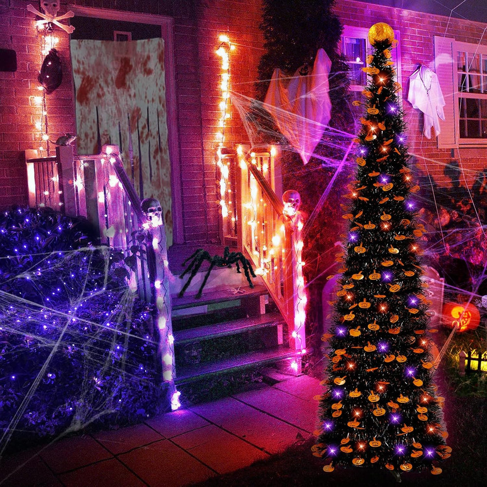 6 Ft Black Tinsel Halloween Tree with Lights Halloween Decorations
