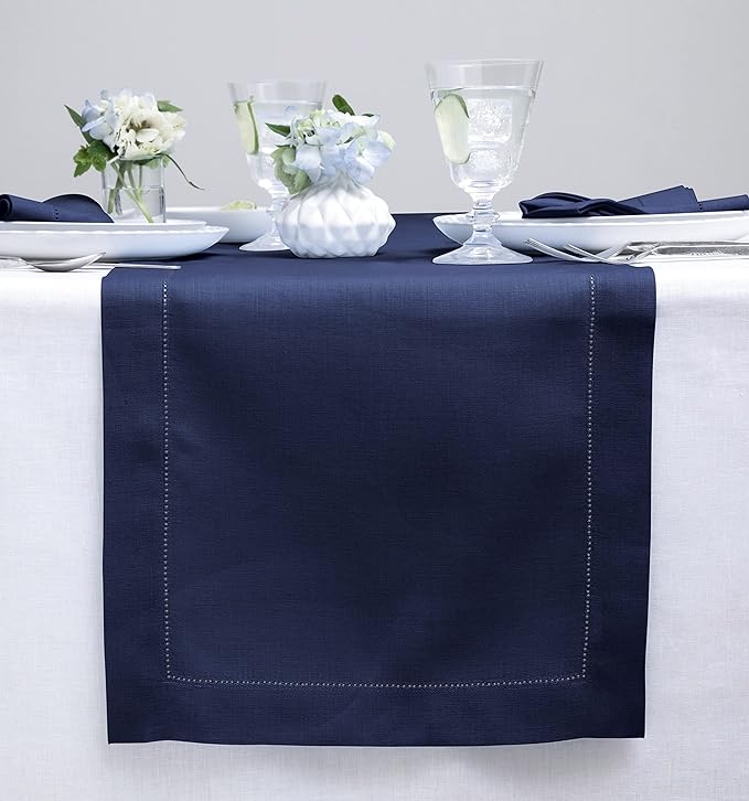 Solino Home Linen Navy Blue Table Runner 60 Inches - Classic Hemstitch, 100% ...