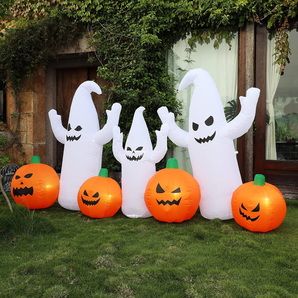 SAND MINE 8 FT Long Lighted Halloween Inflatable Ghosts with Pumpkins, Hallow...