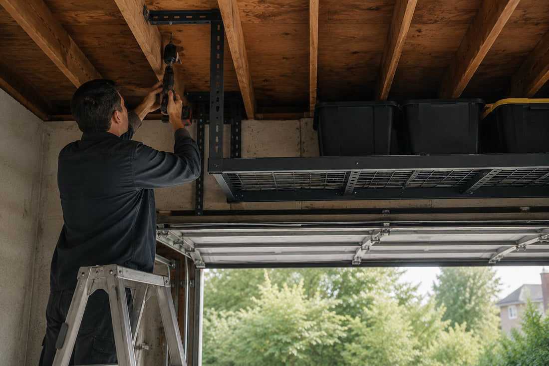 A man on a step ladder drilling an overhead storage rack into the ceiling joists of a garage