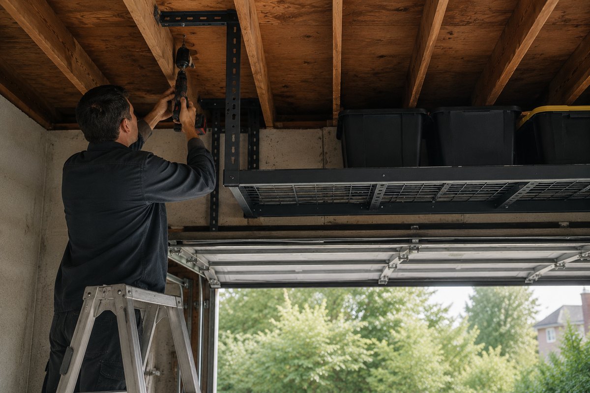A man on a step ladder drilling an overhead storage rack into the ceiling joists of a garage