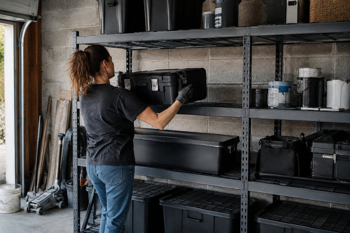 A woman lifting a heavy tool case onto a loaded steel garage shelving unit